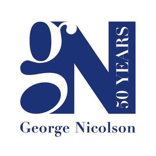 Blue And White Logo Featuring The Letters "gn" And "50 Years" Vertically, With The Name "george Nicolson" Below. Avril Allan's Design Expertise Is Subtly Reflected In Its Modern Elegance.