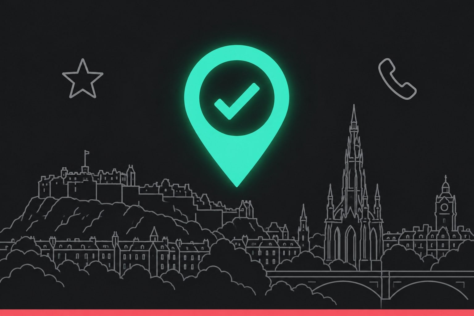 Green map pin with a tick above an Edinburgh skyline outline