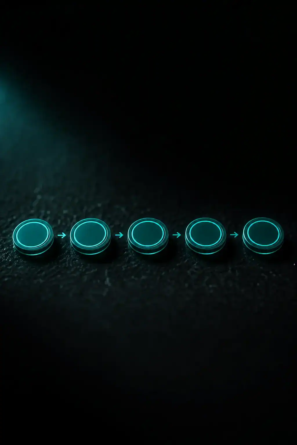 Glowing teal process steps with arrows on dark background