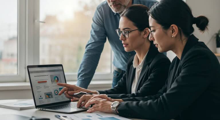 Two women in business attire work on a laptop displaying charts, while a man stands beside them, observing their progress in a modern office setting.